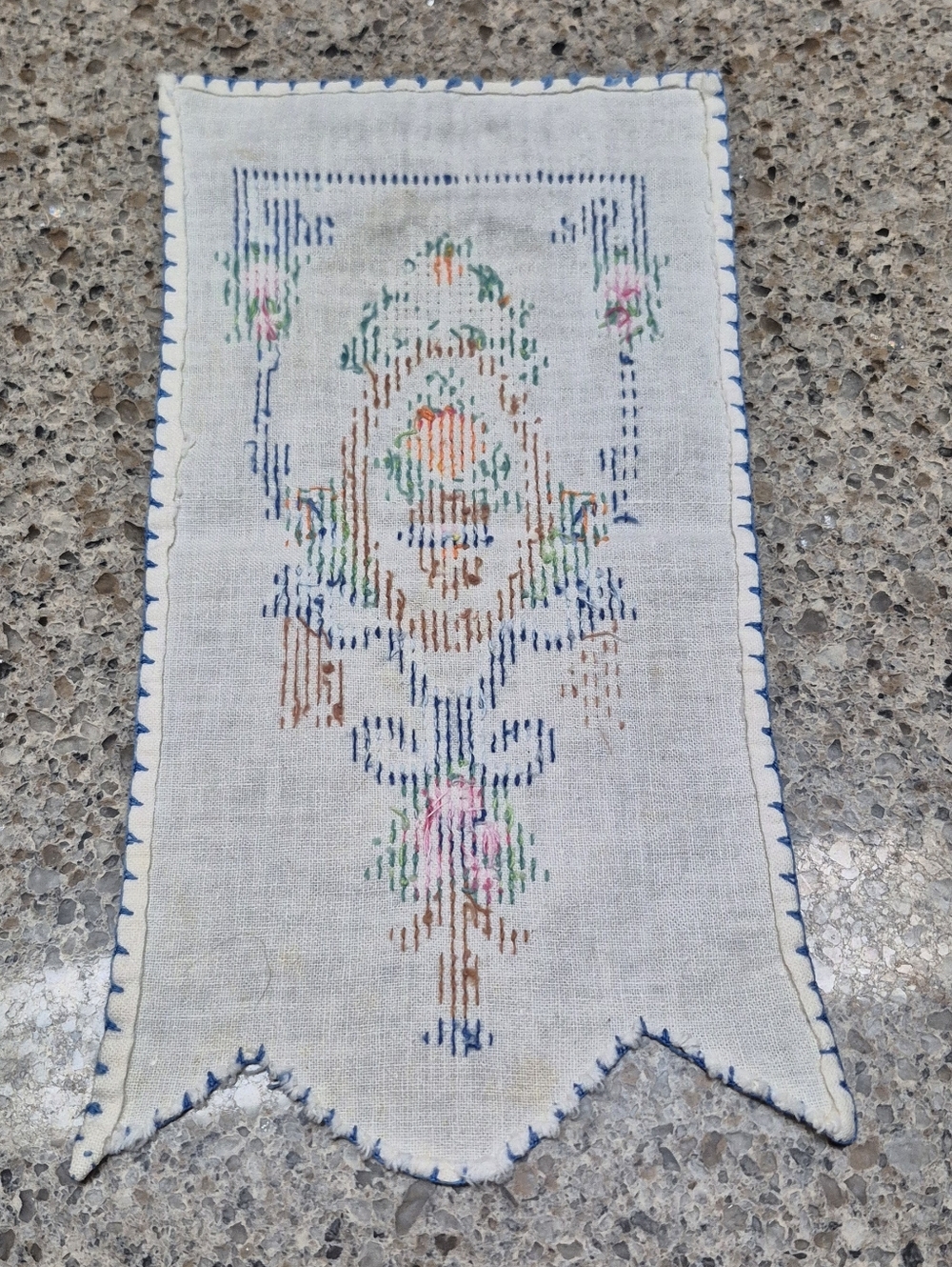 Vtg Cross Stitch Linen Dresser Scarf Runner Floral Basket Blue 10.25" x 5.25"